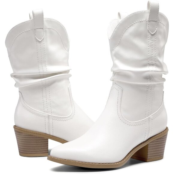 Women's White Cowgirl Boots Mid Calf Chunky Heel Slouchy & Pull-on Ankle Booties - Picture 4 of 8